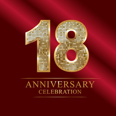 Golden shiny mosaic in disco ball style. 18th anniversary logo. Vector abstract background. 