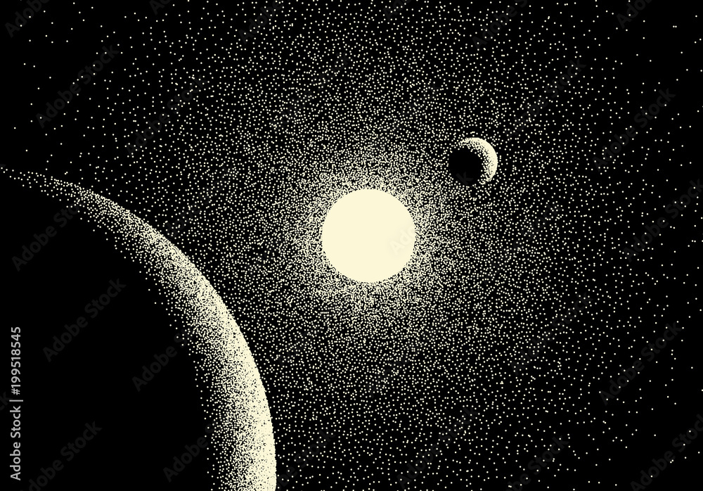 Poster space landscape with scenic view on planet and stars made with retro dotwork style