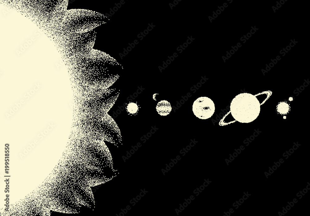 Poster space landscape with scenic view on parade of planets made with retro dotwork style