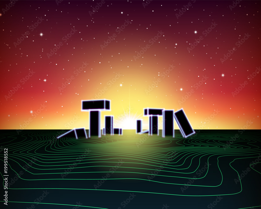 Poster neon landscape with 80s retro wave game style