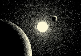 Space landscape with scenic view on planet and stars made with retro dotwork style © swillklitch