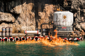 Hazardous chemicals leakage was burning down in the sea.