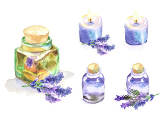 Obraz na płótnie Canvas watercolor pattern with lavender oil and a candle