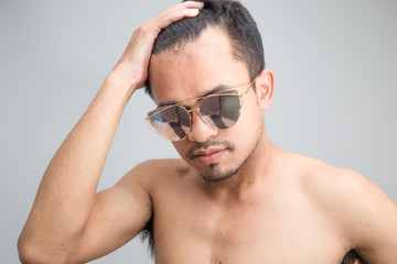 Charmming handsome half nude men on white background