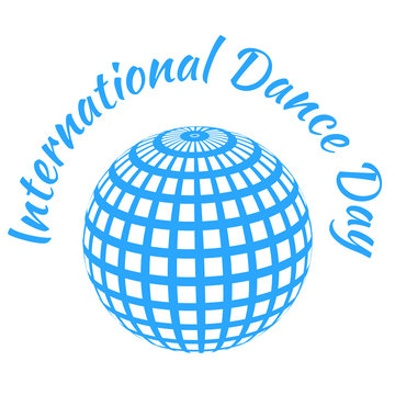 International Dance Day. Blue mirror ball, white background