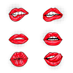 Set of sexy female lips in red glossy lipstick, seductive, kissing, bitten, with tongue, lollipop, cherry, rose, candy. Glamour mouths isolated on white background. Pop art style female sexy mouths. v