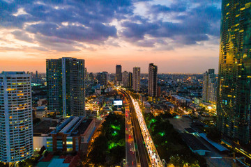 Panorama sunset colourful sky view of Bangkok cityscape with building river side view
