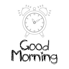 Good morning lettering vector illustration with alarm clock on white background