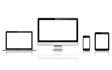 Modern digital devices with blank screen. Isolated with reflection on white background.