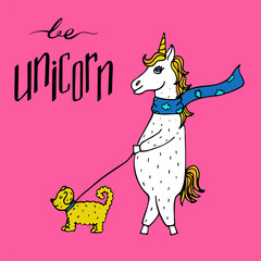 Lovely hand-drawn unicorn-girl in a scarf walking with a dog on a lead.