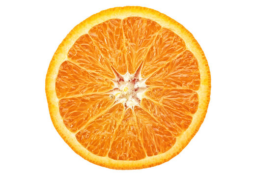 Orange fruit. Round slice isolated on white background. Top view.