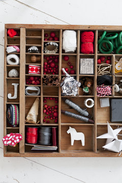 Wooden box with Christmas decorations