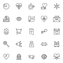 Love outline icons set. linear style symbols collection, line signs. pack vector graphics. Set includes icons as Clock with love hearts, Valentines day present, Cup of hot drink and heart, Giving hand