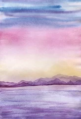 Zelfklevend Fotobehang Zonsonderganglandschap met zee en bergen, in roze, blauwe, gele, violette, lila pastelkleuren als achtergrond. Hand getekend echte aquarel illustratie. © Olga