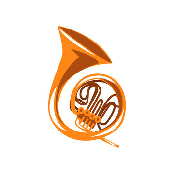 Brass French Horn, Classical Music Wind Instrument Vector Illustration On A White Background