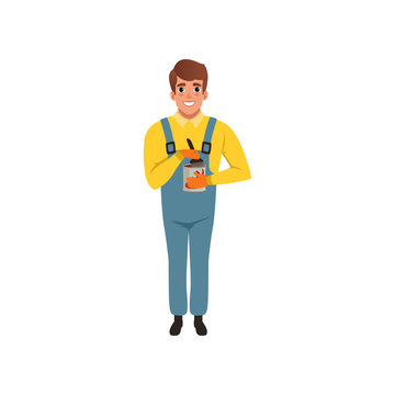 Male painter in uniform holding can of paint, house renovation concept vector Illustration on a white background