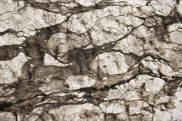 Close-up photo of natural white and black antique rough and crevice stone wall