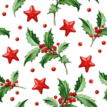 Seamless Pattern with Christmas Symbol - Holly Leaves on White Background.