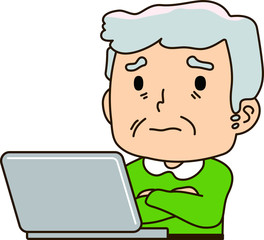 Grandfather using a laptop computer,To worry