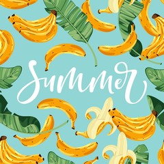 Summer poster with tropical palm leaves and bananas. Hand drawn lettering. Vector illustration.