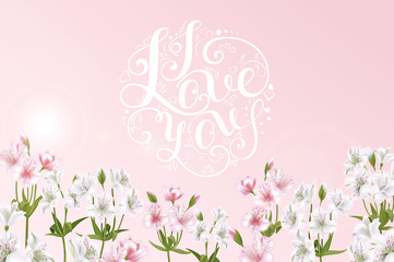 Card with a bouquet of roses and other flowers and hand lettering inscription 