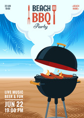 Beach barbecue party invitation. Summer BBQ party flyer. Grill illustration on the background of the beach. Design for flyer, menu, poster, announcement. Vector eps 10. - obrazy, fototapety, plakaty