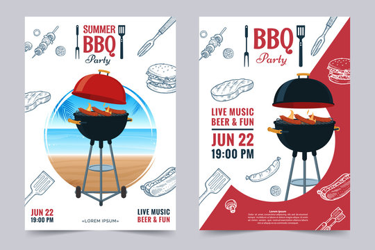 BBQ party a4 invitation template. Summer Barbecue weekend flyer. Grill illustration with food sketches . Design template for menu, poster, announcement. Vector eps 10.
