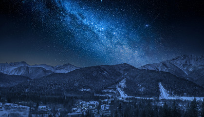 Tatras mountains in winter at night with milky way, Zakopane