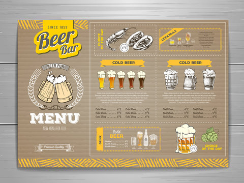 Vintage beer menu design on cardboard background.