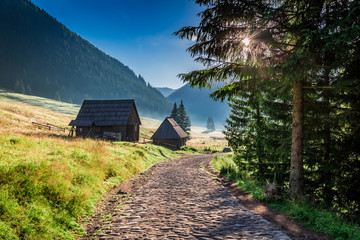 Naklejka premium Oszałamiająca dolina z domkami w Tatrach o wschodzie słońca, Polska