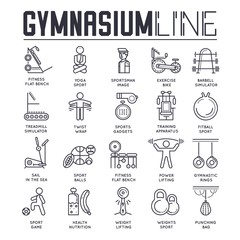 Naklejka premium Thin line sporty men and women doing exercises and working out in gymnasium. Flat outline people working out in sport gym vector illustration concept.