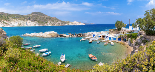 Panoramic view of beautiful Mandrakia port on Milos island, Cyclades, Greece