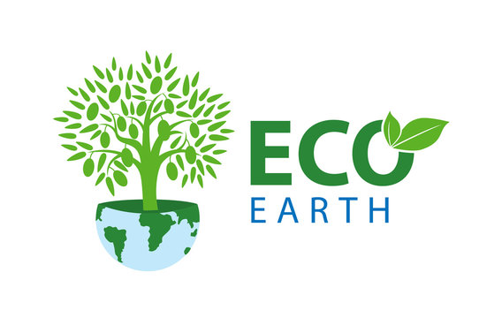 Vector illustration of symbol of ecology with the text eco earth. A green tree grows on the planet. Natural, organic logotype design template. 