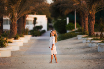 Sweet beautiful girl with long hair in a white dress on vacation for a walk on a background of palm trees on the beach