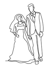 Married couple. Continuous line drawing. Isolated on the white background. Vector monochrome, drawing by lines.