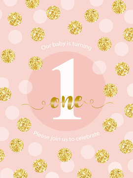 Cute baby first birthday card with golden glitter confetti for your decoration. Birthday card with metallic texture dots