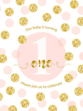 Cute baby first birthday card with golden glitter confetti for your decoration. Birthday card with metallic texture dots