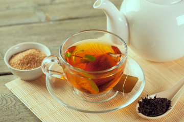 Cup of tea on wooden table