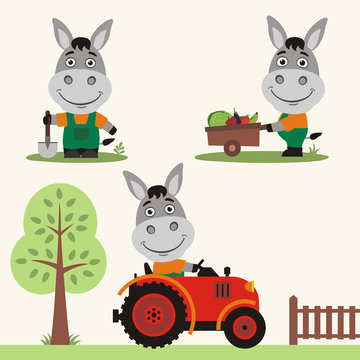 Set of funny donkey farmer with shovel, with wheelbarrow with vegetables, in farm tractor. Collection of donkey is working on the farm.