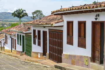 Fototapeta na wymiar Colonial street in the village of Barichara, declared a national heritage, Colombia.