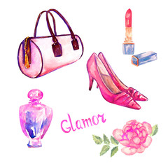 Glamor accessories set,  pink barrel type bag, lipstick, perfume, leather kitten heel shoes, pink rose, hand painted watercolor illustration with inscription isolated on white background