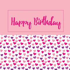 Happy Birthday card vector purple and pink hearts pattern on a white background