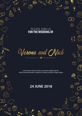 Wedding Invitation tamplate with doodle elements on a background. Save the date card. Vector illustration