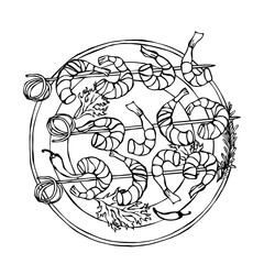 Shrimps Kebab on a Plate with Parsley Leaves, Chilli and Rosemary. Seafood Barbecue Summer Party. Prewen on Wooden Bamboo Skewers for Canape. Realistic Hand Drawn Illustration. Savoyar Doodle Style.