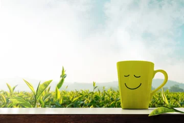 Foto auf Acrylglas Tee Glücks- und Entspannungskonzept. Eine Tasse heißen Tee mit lächelndem Gesicht auf dem Tisch vor der Green Tea Plantation Farm, Berg mit Nebel als Hintergrund