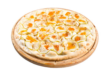Italian kitchen and cooking concept. Hot tasty sliced ingredients Apple, cinnamon. Eat delivery.