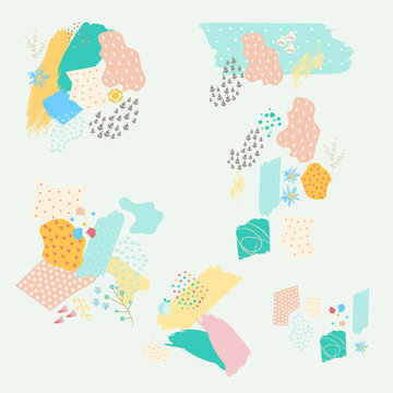 Vector Abstract Covers Templates, Graphic Poster with Pastel Trendy Patterns, Spring Colors, Organic Stroke Hipster Backgrounds, Brochures, Album Covers and Banners