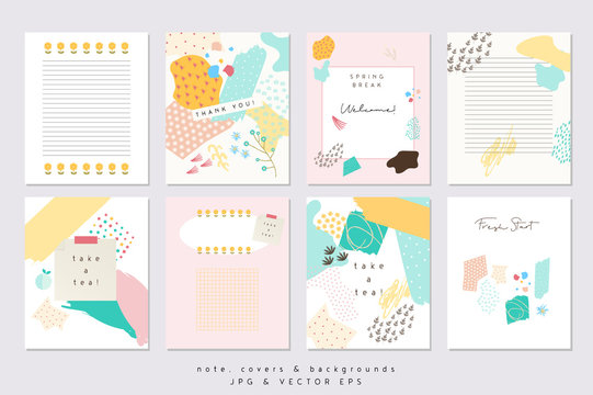 Vector Abstract Notes and Covers Templates, Graphic Poster with Pastel Trendy Patterns, Spring Colors, Organic Stroke Hipster Backgrounds, Brochures, Album Covers and Banners