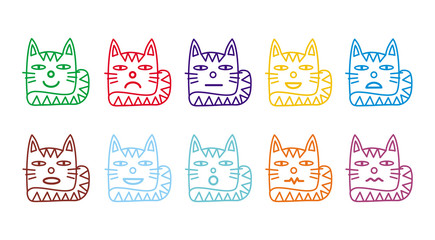 10 smiley icons in the form of funny cats. Varied emotions for web. Colorful vector graphics.
