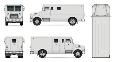 Armored truck vector mock-up. Isolated template of armor van on white. Vehicle branding mockup. Side, front, back, top view. All elements in the groups on separate layers. Easy to edit and recolor. © Yuri Schmidt